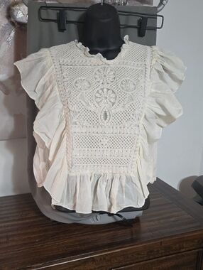 Joie Women's Cream Ruffled Crochet Front Top L Ptp 21